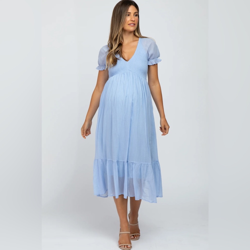 Light Blue Smocked Ruffle Hem Maternity Midi Dress